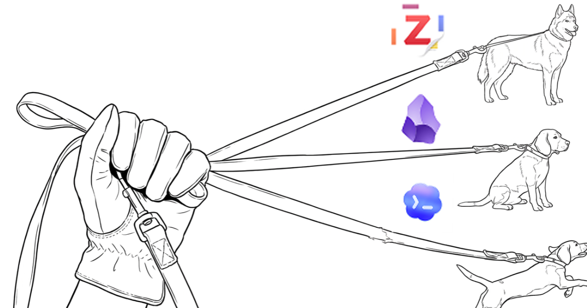 三匹の犬を手綱でつないで歩かせる手元の線画——Zotero・Obsidian・Codexを使いこなすイメージ